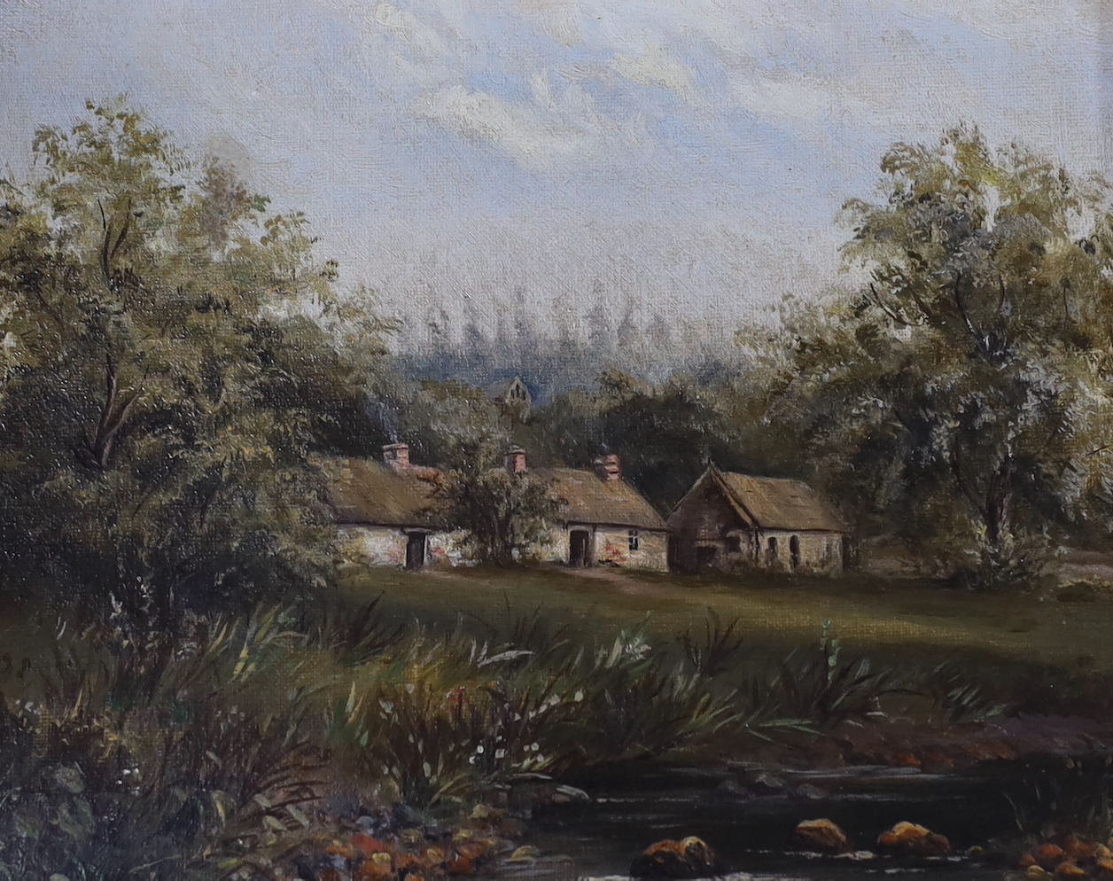 English School, oil on canvas, Cottages in a landscape, 20 x 25cm